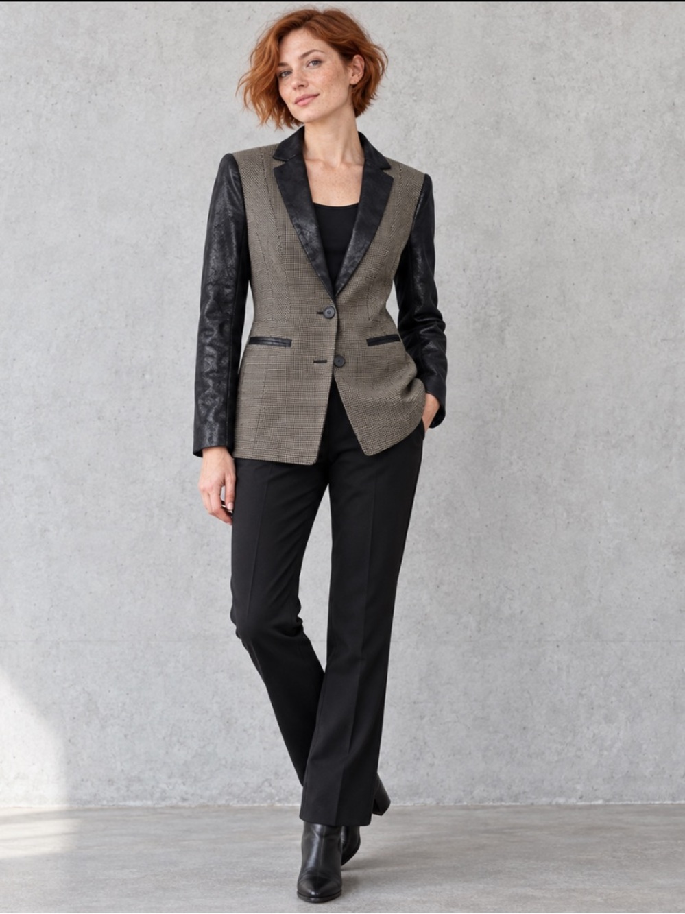 Luisa Cerano Houndstooth Leather Look Sleeve Blazer Brown Black US 8